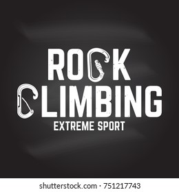 Rock Climbing club badge. Vector. Concept for shirt, print, stamp or tee. Typography design with a straight gate locking carabiner for bolt and carabiner witn keylock nose. Extreme sport.Chalk drawing