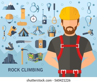 Rock climbing consept background. Flat icons.