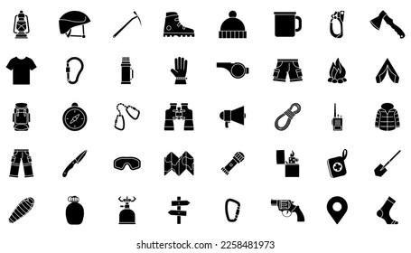 Rock climbing equipment Flat Silhouette Version. vector icons.