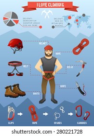 Rock climbing equipment gear and supply for alpinist infographic poster with mountains peaks background abstract vector illustration