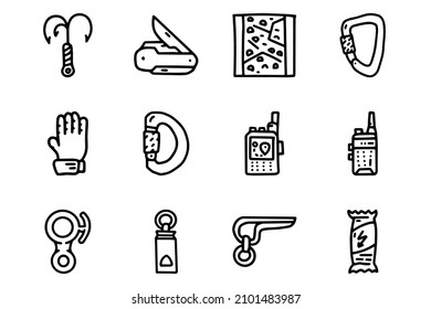 Rock climbing equipment line vector doodle simple icon set