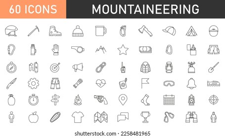 Rock climbing equipment thin line vector icons.