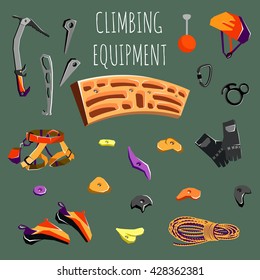 rock climbing equipment and training gear on dark green background. Vector illustration