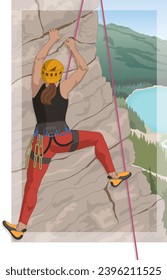 rock climbing female climber scaling natural rock cliff overlooking mountains and trees in the background