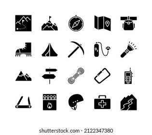 Iconos de línea plana de escalada de roca. Alpinismo, montañismo, equipos de senderismo. Simple ilustración vectorial plana para sitio web o aplicación móvil.