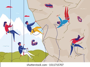 Rock Climbing for Friends and Family Flat Cartoon Vector Illustration. Woman and Man on Bouldering Wall with Equipment. Summertime Activities, Healthy Lifestyle. Extreme Outdoor Sport.