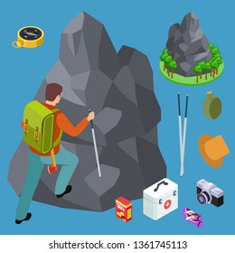 Rock climbing, hiking isometric vector equipments set