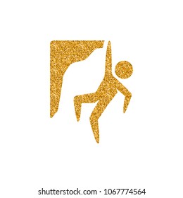 Rock climbing icon in gold glitter texture. Sparkle luxury style vector illustration.