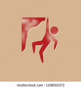 Rock climbing icon in halftone style. Grunge background vector illustration.
