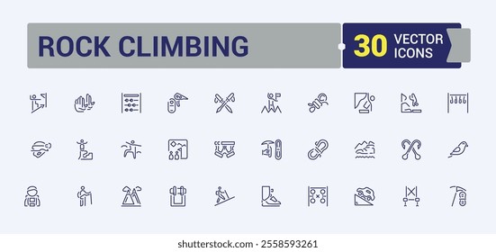 Rock Climbing icon set. Contains related to outdoors, climber, hiking, tourism, adventure, climbing, . Collection for mobile and web apps. Vector illustration in modern line style.