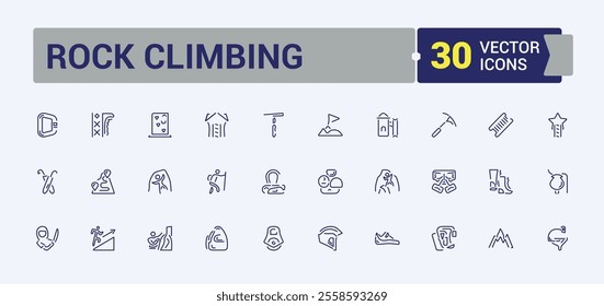 Rock Climbing icon set. Contains related to outdoors, climber, hiking, tourism, adventure, climbing, . Collection for mobile and web apps. Vector illustration in modern line style.