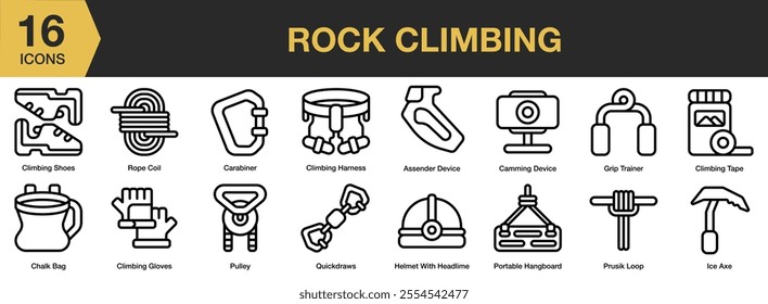 Rock Climbing icon set. Includes shoes, carabiner, tape, trainer, ice axe, pulley, chalk bag, grip, and More. Outline icons vector collection.