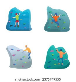 Rock climbing icons set cartoon vector. Climber moving up an artificial wall. Extreme sport, bouldering