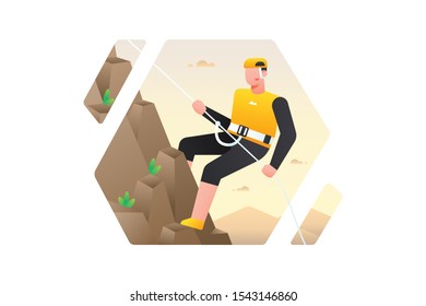 Rock Climbing Illustration. Mountain Climbing Vector Design. A Man Climbing To The Top Of Cliff Using A Rope