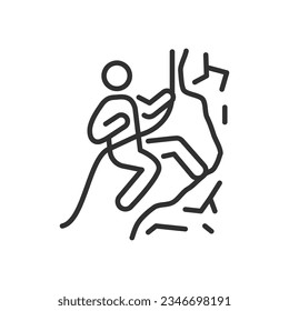 Rock climbing, linear icon, a person climbs a mountain. Line with editable stroke