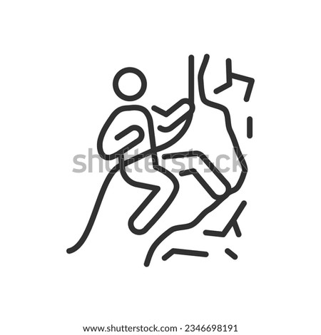 Rock climbing, linear icon, a person climbs a mountain. Line with editable stroke
