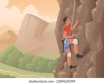 Rock climbing. A male climber climbs a steep cliff against a mountain landscape. Extreme sport and outdoor activities. Vector illustration in flat style