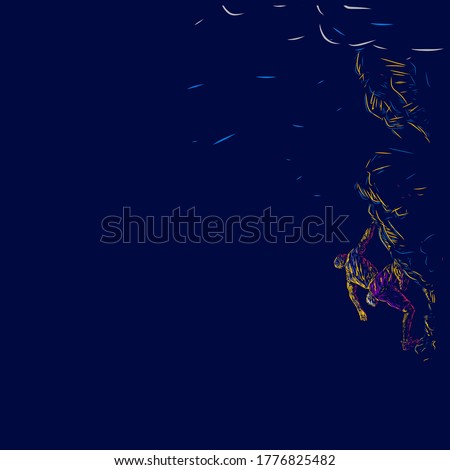 Rock climbing man line pop art potrait logo colorful design with dark background. Abstract vector illustration. Isolated black background for t-shirt, poster, clothing, merch, apparel, badge design