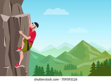 Rock Climbing man. Male on the rock. Extreme outdoor sports. Vector Illustration.