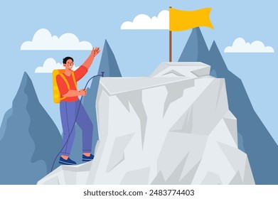 Rock climbing man. Young guy with backpack climbs up to yellow flag. Motivation and leadership, goal setting. Talented businessman and entrepreneur. Flat vector illustration