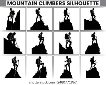 Rock climbing mountain silhouette Mountain climb icon set Hiking icon symbol Mountain climb clipartbundle illustration