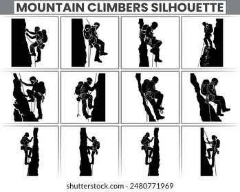 Rock climbing mountain silhouette Mountain climb icon set Hiking icon symbol Mountain climb clipartbundle illustration