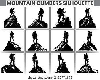 Rock climbing mountain silhouette Mountain climb icon set Hiking icon symbol Mountain climb clipartbundle illustration