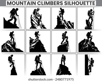 Rock climbing mountain silhouette Mountain climb icon set Hiking icon symbol Mountain climb clipartbundle illustration