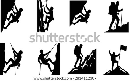 Rock climbing and mountaineering vector silhouettes set featuring extreme athletes hikers climbers and alpinists isolated on white background
