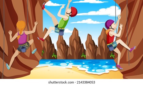 Rock climbing on cliff at the beach illustration