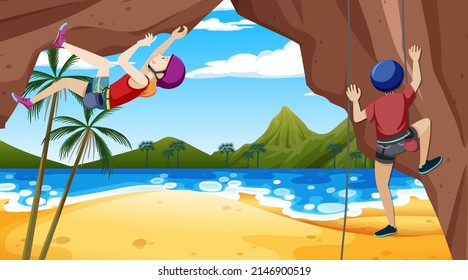 Rock climbing on cliff at the beach illustration