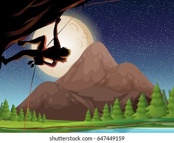 Rock climbing on fullmoon night illustration