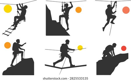 Rock climbing outdoor adventure vector set, climber, rope, cliff, peak, ladder
