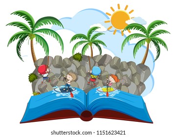 Rock climbing and paddle boarding pop up book illustration