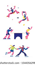 Rock Climbing Ping Pong and Ice Skating Set Isolated on White Background. Male and Female Characters Engaged Indoors and Outdoors Sports Activity. Healthy Lifestyle Cartoon Flat Vector Illustration