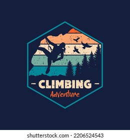 Rock Climbing Retro Vintage, hand drawn line style with digital color, vector illustration