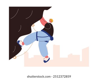 Rock climbing with safe equipment, extreme sports vector illustration.