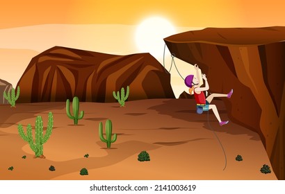 Rock climbing scene with girl climbing at sunset illustration