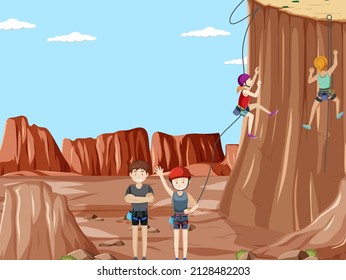 Rock climbing scene with many climbers illustration