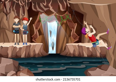 Rock climbing scene with people climbing in cave illustration