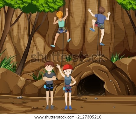 Rock climbing scene with people climbing the cave illustration