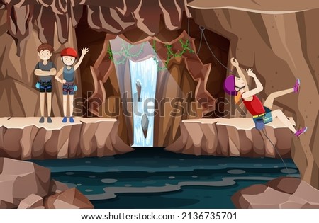 Rock climbing scene with people climbing in cave illustration
