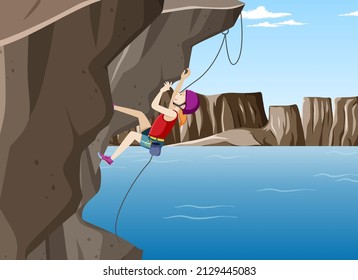 Rock climbing scene with woman climbing rock illustration