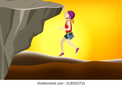 Rock climbing scene with woman climbing at sunset illustration