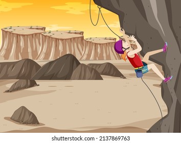 Rock climbing scene with woman climbing at sunset illustration