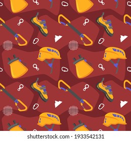 Rock Climbing Seamless Pattern with Climbing Helmet, Shoes, Chalk Bag, and Quickdraw. You can use this design to create poster, tshirt, pillow, tote bag, pouch, phone case, etc.