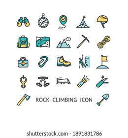 Rock Climbing Sign Color Thin Line Icon Set Include of Tent, Carbine and Compass. Vector illustration of Icons