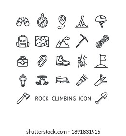 Rock Climbing Sign Thin Line Icon Set Include of Helmet, Backpack and Carabiner. Vector illustration of Icons