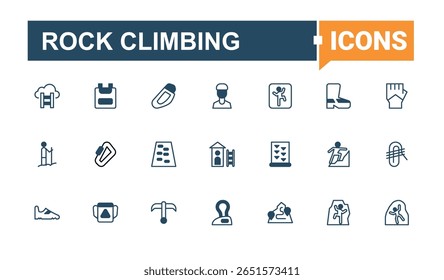 Rock Escalada simples conjunto de ícones. Contém símbolos como escalada, aventura, montanha, acampamento e muito mais. Ícone de escalada definido em estilo linear. Traço editável de linha sólida. Pixel perfeito.