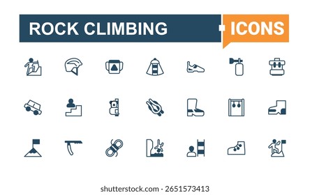 Rock Escalada simples conjunto de ícones. Contém símbolos como escalada, aventura, montanha, acampamento e muito mais. Ícone de escalada definido em estilo linear. Traço editável de linha sólida. Pixel perfeito.